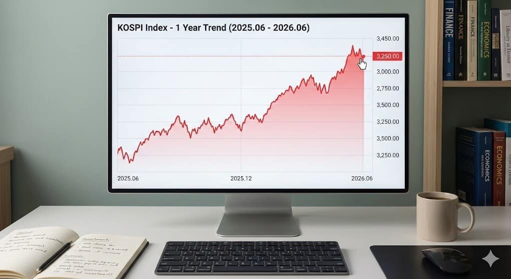 2025년 6월부터 2026년 6월까지 최근 1년간 코스피(KOSPI) 지수 우상향 상승 트렌드 그래프