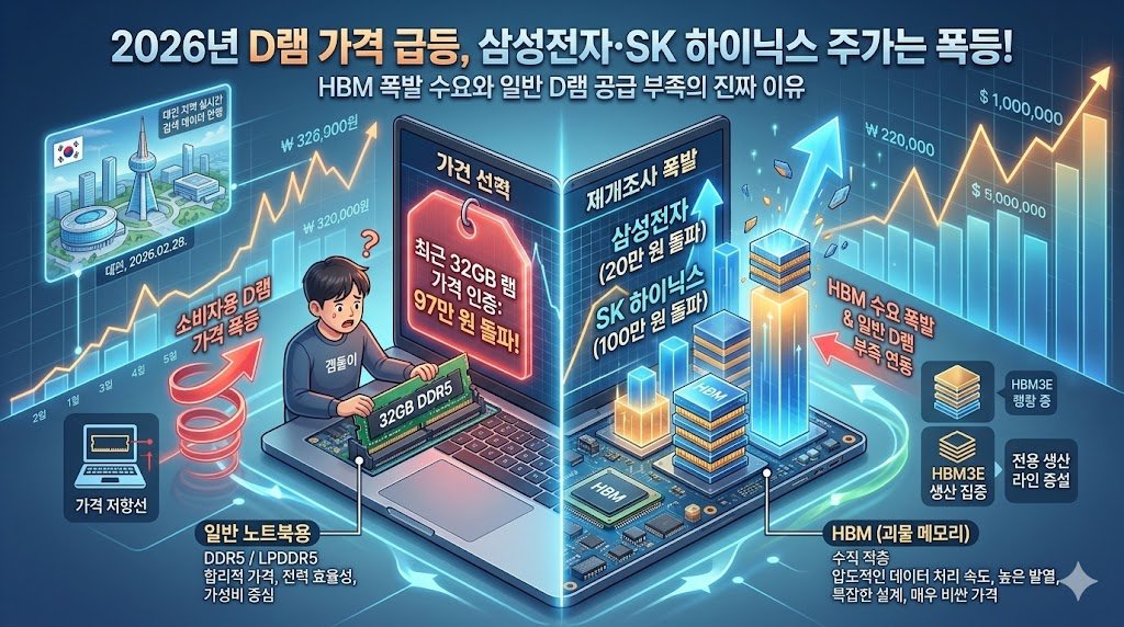 HBM과 일반 노트북 D램의 대비를 보여주는 3D 인포그래픽. 왼쪽에 'HBM3E 생산 집중'으로 인한 가격 급등(붉은색), 오른쪽에 '일반 DDR5 램 생산 감소'로 인한 가격 연동 상승(파란색)을 대비시켜 설명함. 배경엔 삼성전자, SK하이닉스 로고와 상승하는 가격 그래프가 있음.