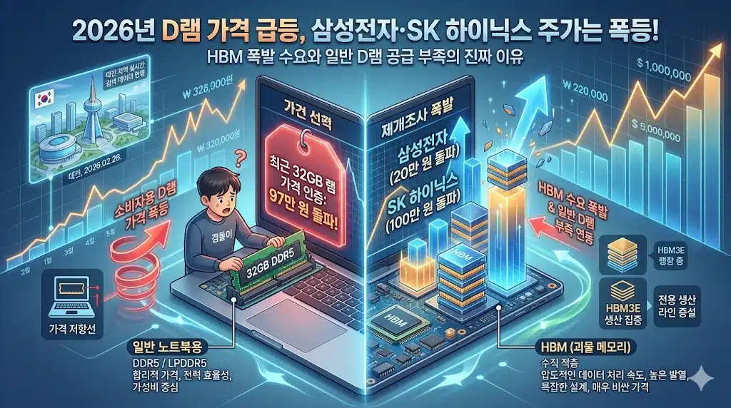 HBM과 일반 노트북 D램의 대비를 보여주는 3D 인포그래픽. 왼쪽에 'HBM3E 생산 집중'으로 인한 가격 급등(붉은색), 오른쪽에 '일반 DDR5 램 생산 감소'로 인한 가격 연동 상승(파란색)을 대비시켜 설명함. 배경엔 삼성전자, SK하이닉스 로고와 상승하는 가격 그래프가 있음.
