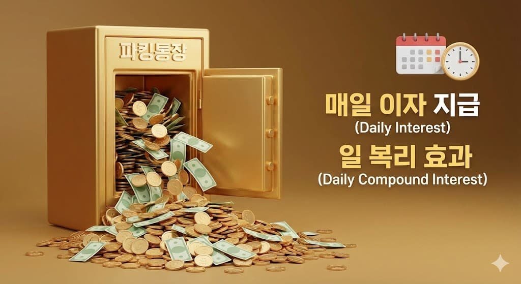 열려 있는 황금색 파킹통장 금고에서 수많은 동전과 지폐가 끊임없이 쏟아져 나와 쌓여있는 모습. 옆에는 달력과 시계 아이콘과 함께 '매일 이자 지급(Daily Interest)'과 '일 복리 효과(Daily Compound Interest)' 텍스트가 강조되어 있음.
