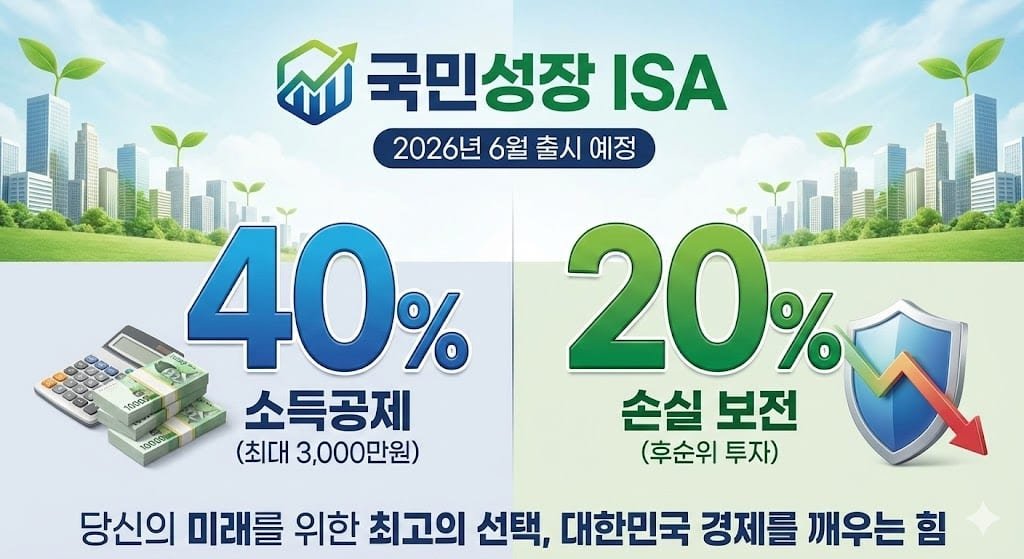 2026년 6월 출시 예정인 국민성장 ISA 핵심 혜택 요약 (소득공제 40%, 손실보전 20%)