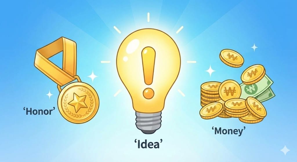 2026 국민 아이디어 공모제 혜택 - 아이디어 상징 전구, 명예 메달, 상금 돈 일러스트