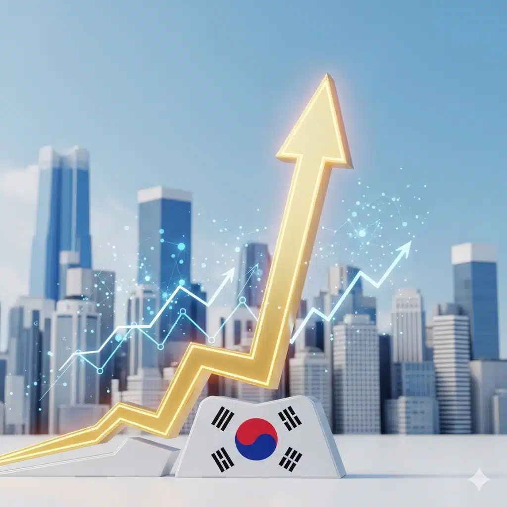 한국 정부 밸류업 프로그램을 상징하는 금색 우상향 화살표와 현대적인 도시 배경 일러