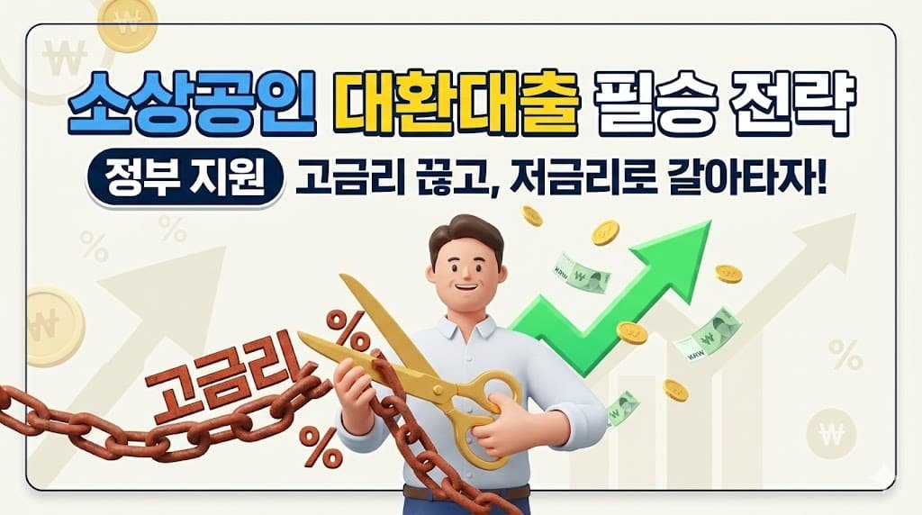 소상공인 대환대출을 주제로 한 3D 일러스트레이션. 한 소상공인 남성이 '고금리'라고 적힌 무거운 사슬을 '대환대출' 가위로 자르고, '저금리'와 '성공'이라고 적힌 가벼운 날개를 달고 날아가는 모습. 배경에는 상승 그래프와 화살표가 그려져 있음.