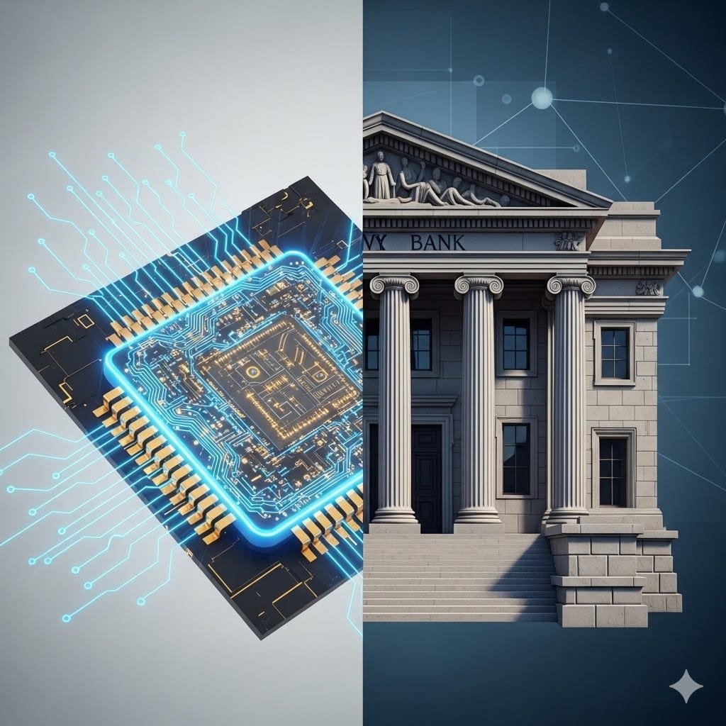 네온 빛 반도체 칩과 고전적인 은행 건물 비교 일러스트, 기술주와 가치주 대비