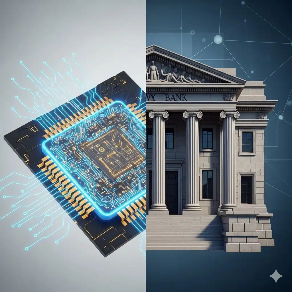 네온 빛 반도체 칩과 고전적인 은행 건물 비교 일러스트, 기술주와 가치주 대비