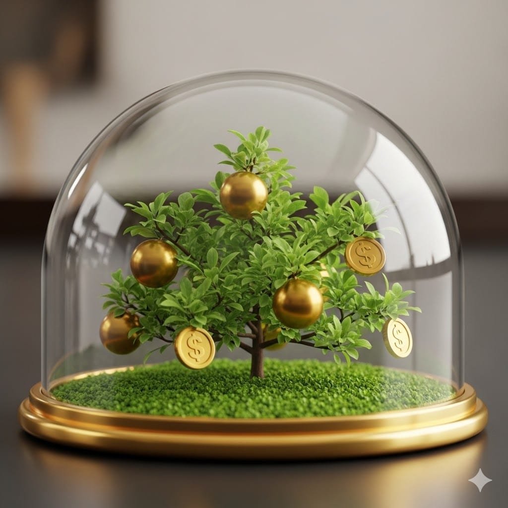 투명한 유리 돔(정책) 안에서 안전하게 자라나는 황금 코인 나무 3D 일러스트
