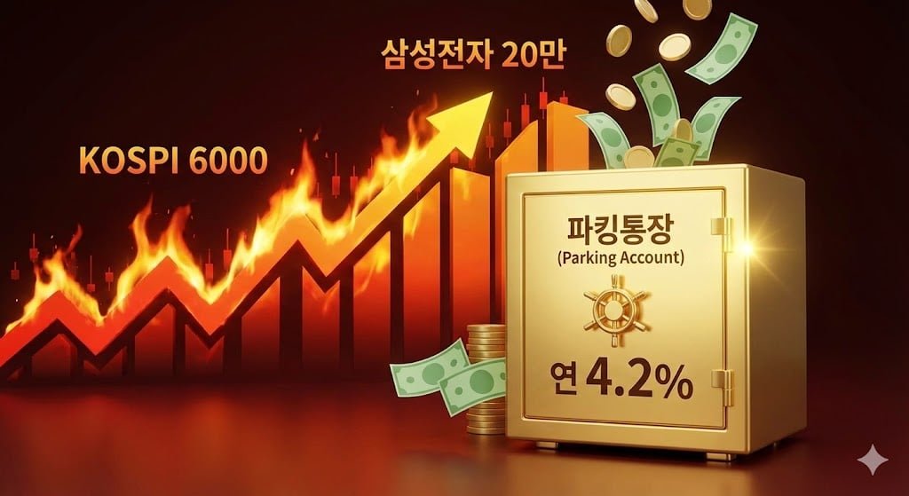 코스피 6000과 삼성전자 20만 원을 돌파하며 불타오르는 주식 시장 그래프를 배경으로, 연 4.2% 이자를 제공하는 안전한 파킹통장 황금 금고에 돈이 쏟아져 들어가는 모습의 3D 일러스트레이션.