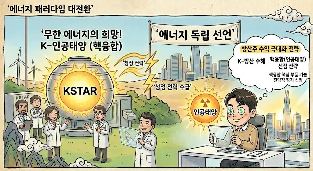 미래형 연구소 내 거대한 KSTAR 유사 토카막 장치. 투명한 플라즈마 용기 내에서 밝고 황금빛의 소형 인공태양이 실제로 생성되고 유지되는 모습을 영화 같은 사실적인 디지털 아트로 묘사. 과학자들이 홀로그램 데이터를 확인하며 작업 중이며, '무한 에너지의 희망'과 '청정 전력 수급' 라벨이 사실적으로 통합됨. 배경에 wind turbines와 깨끗한 도시 실루엣.