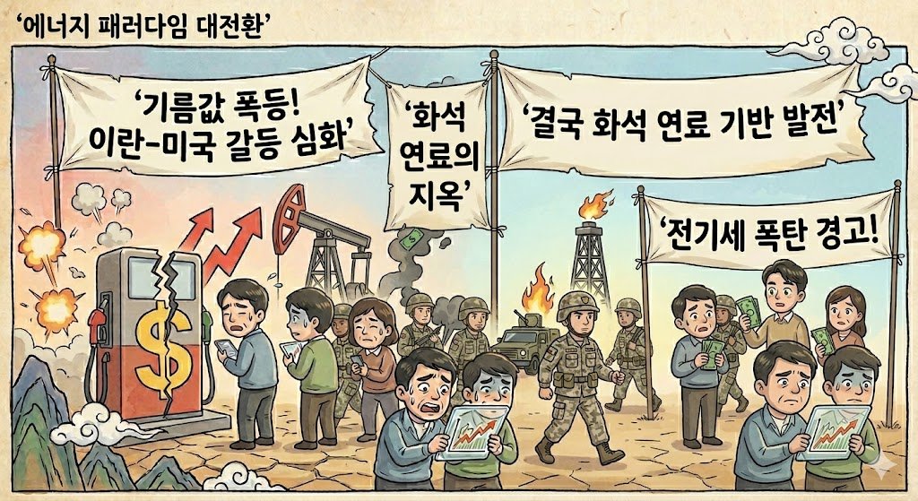 드라마틱하고 사실적인 사진. 멀리 불타는 유전과 거대한 검은 연기 기둥. 지친 얼굴의 사실적인 사람들이 깨진 'broken dollar sign' 주유기와 '전기세 폭탄 경고!' 간판 옆에서 머리를 감싸고 있음. 사실적인 탱크와 '기름값 폭등! 중동 갈등 심화' 현수막. '화석 연료의 지옥' 라벨이 사실적으로 통합됨. '합리적 투자 국내 전략' 차트 통합