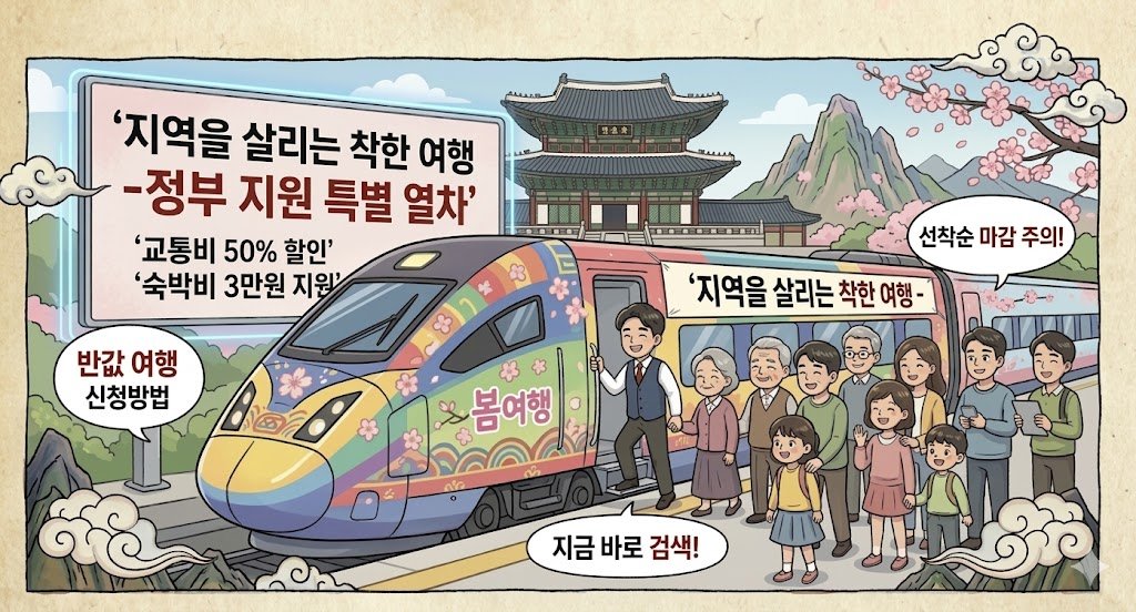 반값 여행 신청방법을 설명하는 만화 스타일 인포그래픽. 무지개색 '봄여행' 열차와 승객들이 그려져 있으며, 상단 배너에는 '교통비 50% 할인', '숙박비 3만원 지원' 문구가 명시되어 있음. '선착순 마감 주의'와 '지금 바로 검색' 텍스트가 포함된 이미지.