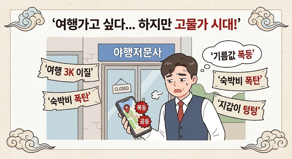 반값 여행 신청방법을 설명하는 이미지.걱정스러운 표정의 NovO02 캐릭터가 닫힌 여행사 건물 앞에서 스마트폰의 '폭등' 메시지를 확인하고 있다. 캐릭터 주변에는 '기름값 폭등', '숙박비 폭탄', '지갑이 텅텅'이라는 문구가 적힌 깃발과 말풍선이 떠 있으며, 상단에는 '여행가고 싶다... 하지만 고물가 시대!'라는 텍스트가 적혀 있다. 네 모서리에는 전통 구름 문양이 배치되어 있다.
