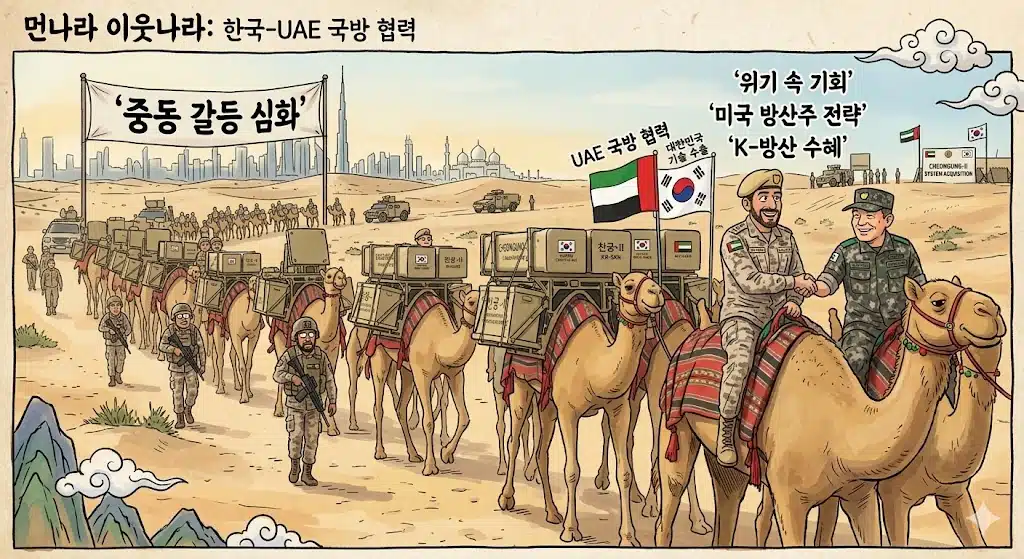 먼나라 이웃나라 스타일의 카툰 일러스트레이션. 미국 방산주 투자 방법 관련 이미지. UAE 군인과 한국 군인이 낙타 위에서 활짝 웃으며 악수하고, 긴 낙타 행렬이 '천궁-II'와 'KM-SAM' 군사 상자를 운송하고 있다. 상자에는 'UAE로 가져가는 천궁'이라는 한글 텍스트와 화살표가 그려져 있고, 멀리 두바이 스카이라인과 '천궁-II 시스템 획득 기지'라는 표지판이 보인다. 최상단에는 '천궁-II 낙타 횡단: K-방산의 습격'이라는 제목이 명확히 박혀 있다.