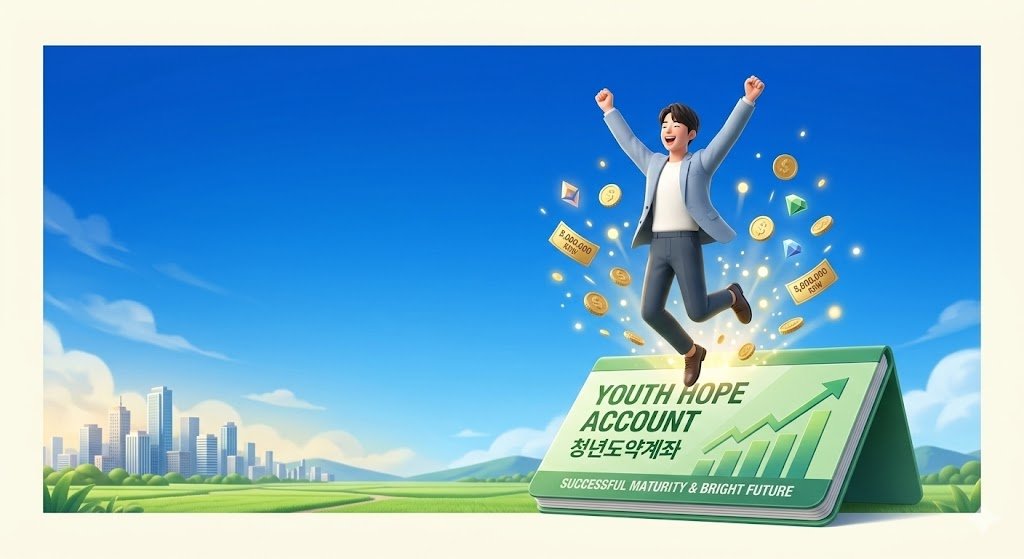 청년도약계좌 통장을 딛고 밝은 앞날로 도약하는 청년 인포그래픽