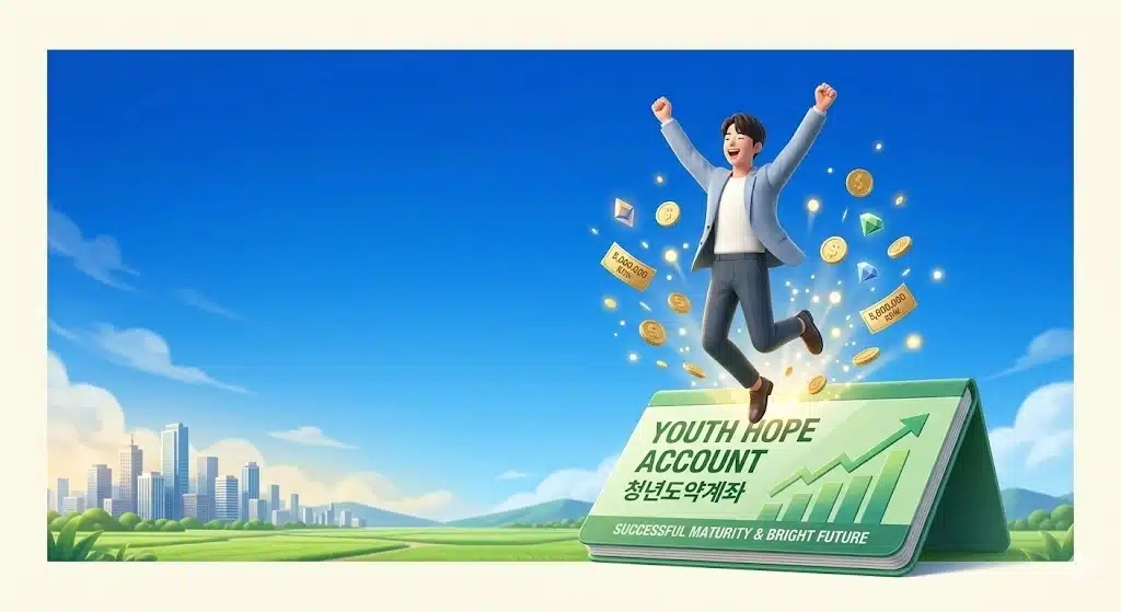 청년도약계좌 통장을 딛고 밝은 앞날로 도약하는 청년 인포그래픽