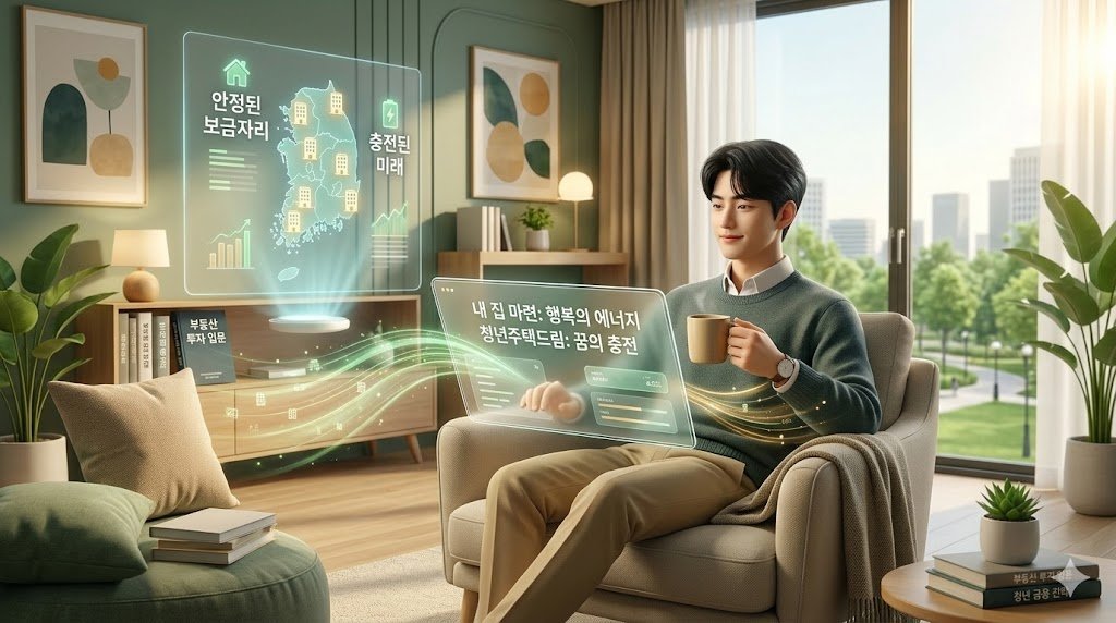 청년주택드림 청약통장 신청하는 법 활용으로 내 집 열쇠를 거머쥐고 성공적으로 뛰어오르는 청년과 편안한 안식처에서 에너지를 충전하는 모습.