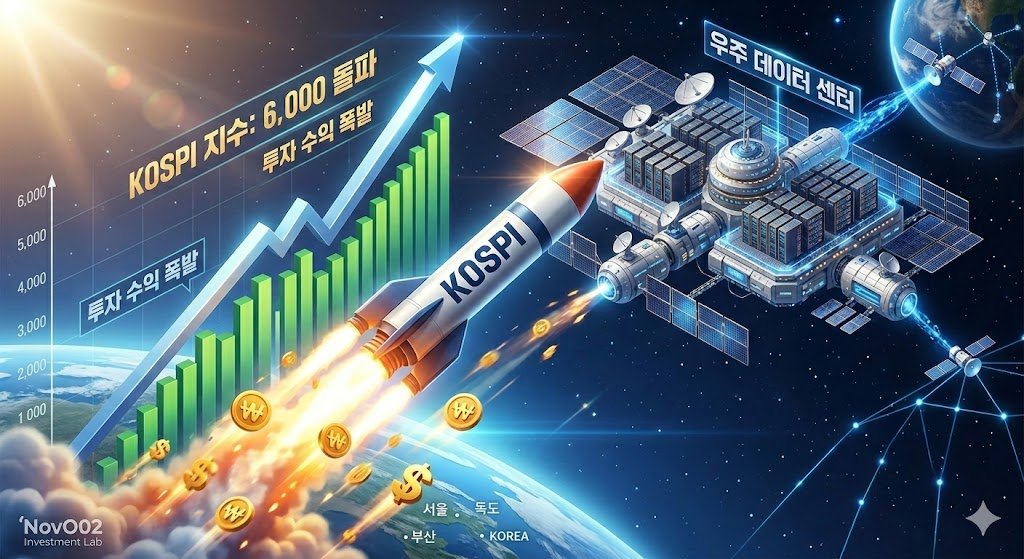 코스피 지수 6,000 돌파 및 우주 데이터 센터 건설 미래 투자 비전 시각화 이미지