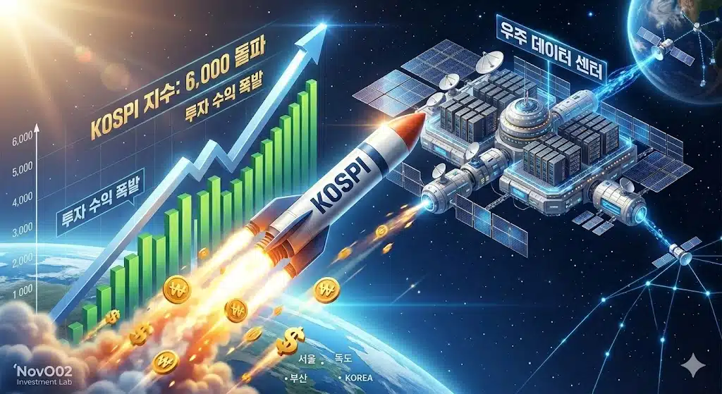 코스피 지수 6,000 돌파 및 우주 데이터 센터 건설 미래 투자 비전 시각화 이미지