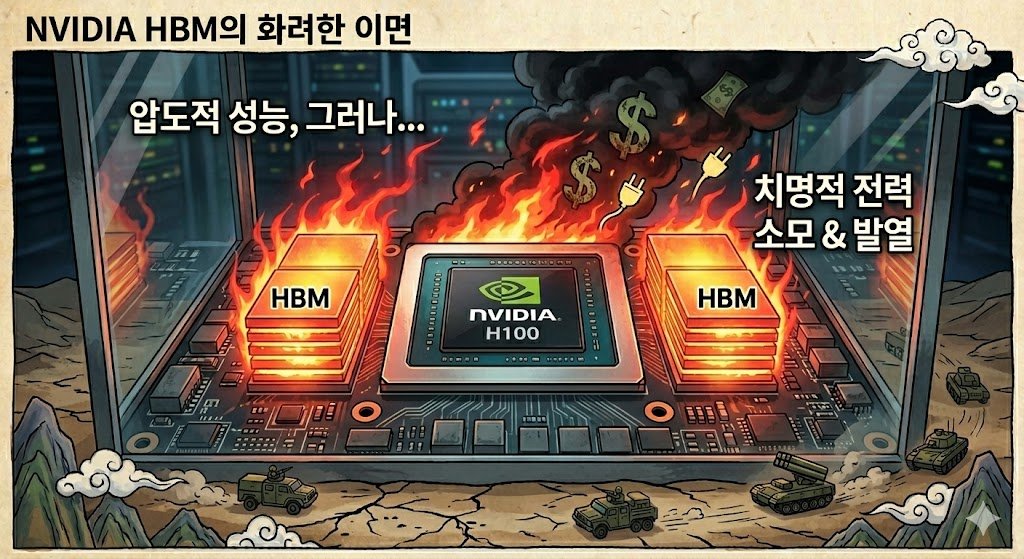 화려하게 빛나는 엔비디아 GPU와 HBM 칩셋 위로 시뻘건 발열(heat waves)과 검은 연기가 뿜어져 나오며 'NVIDIA HBM의 화려한 이면', '압도적 성능, 그러나...', '치명적 전력 소모 & 발열'이라는 텍스트가 새겨져 있다. 연기 속에는 달러 기호($)와 플러그 아이콘이 타들어가고 있다. 배경은 어둡고 혼돈스럽다