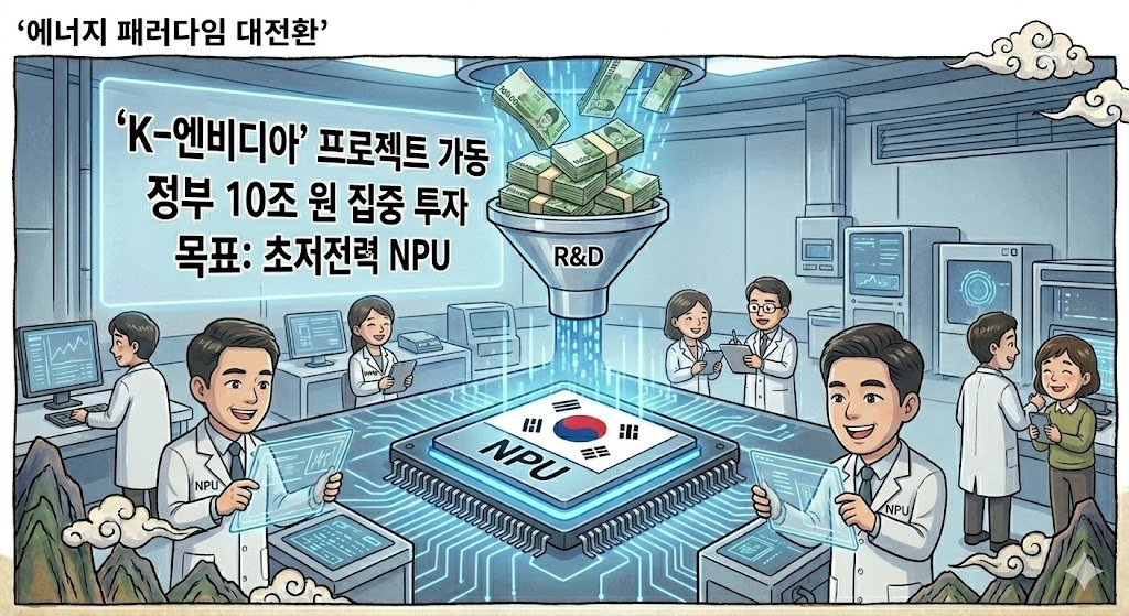 깨끗하고 미래적인 한국 반도체 연구소. 대한민국 국기와 'K-반도체' 로고가 새겨진 칩 위로 차가운 파란색 빛이 흐른다. 칩 주변으로 거대한 현금 뭉치(KRW 만 원권)들이 쏟아지며 '10조 원 집중 투자'라는 텍스트가 사실적으로 새겨진 홀로그램 간판이 웅장하게 서 있다. 과학자들이 홀로그램 데이터를 확인하며 작업 중이며, 'K-엔비디아 프로젝트 가동', '정부 10조 원 집중 투자', '목표: 초저전력 NPU'라는 텍스트가 통합됨.
