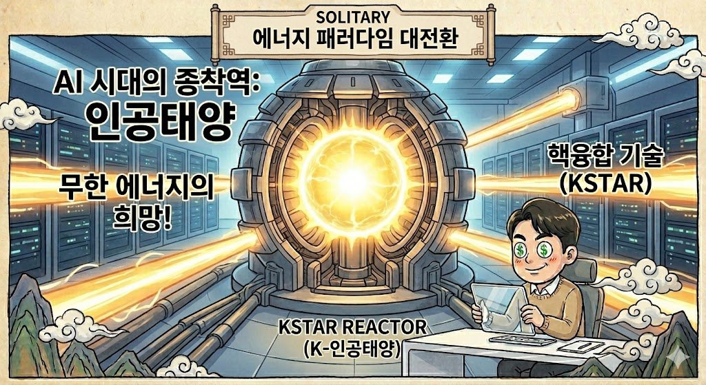 `시네마틱한 사실적 디지털 아트. 웅장한 KSTAR 유사 토카막 장치 내부. 장치 중앙에서 1억 도의 플라즈마가 소형 태양처럼 강력한 황금빛을 뿜어낸다. 그 빛이 에너지 공급 라인을 타고나가 미래형 AI 데이터센터(이미지 1의 데이터센터가 깨끗하게 바뀐 모습)를 환하게 비춘다. 'AI 시대의 종착역: 인공태양', '무한 에너지의 희망!', '핵융합 기술 (KSTAR)'라는 텍스트가 사실적으로 통합됨. 남자가 달러 기호($)가 있는 투명 태블릿을 보며 행복하게 웃고 있다.
