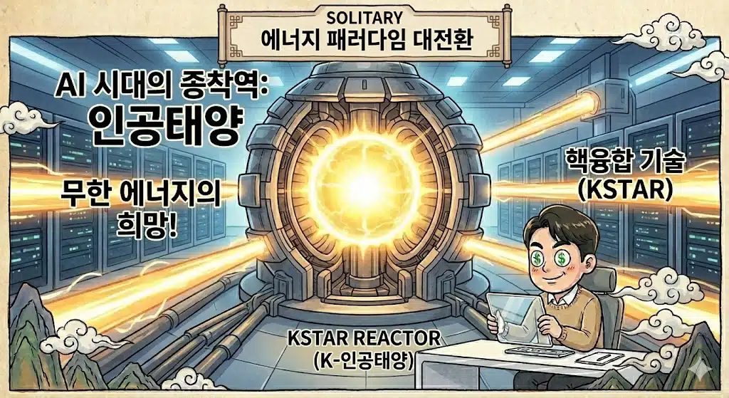 `시네마틱한 사실적 디지털 아트. 웅장한 KSTAR 유사 토카막 장치 내부. 장치 중앙에서 1억 도의 플라즈마가 소형 태양처럼 강력한 황금빛을 뿜어낸다. 그 빛이 에너지 공급 라인을 타고나가 미래형 AI 데이터센터(이미지 1의 데이터센터가 깨끗하게 바뀐 모습)를 환하게 비춘다. 'AI 시대의 종착역: 인공태양', '무한 에너지의 희망!', '핵융합 기술 (KSTAR)'라는 텍스트가 사실적으로 통합됨. 남자가 달러 기호($)가 있는 투명 태블릿을 보며 행복하게 웃고 있다.